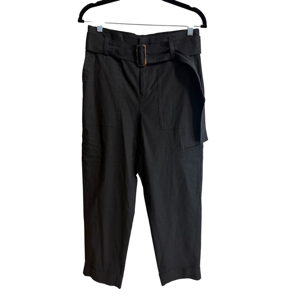 Vince Belted Linen Blend Utility Pants Trouser Cuffed Sz S Black Tortoise Belt